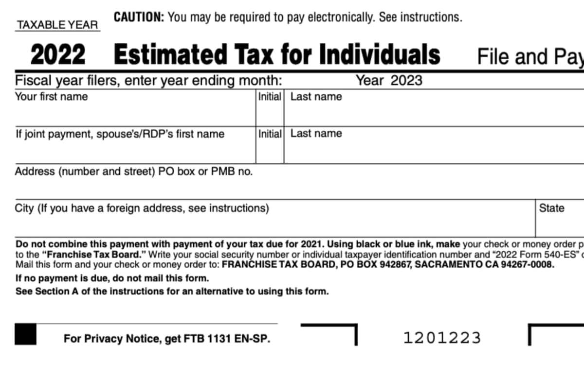 Form 540-ES California Estimated Tax