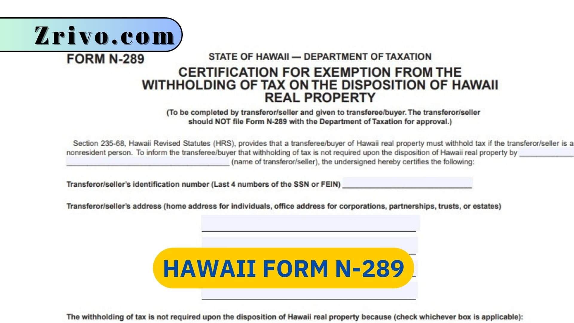 Hawaii Form N-289 Hawaii Form N-289
